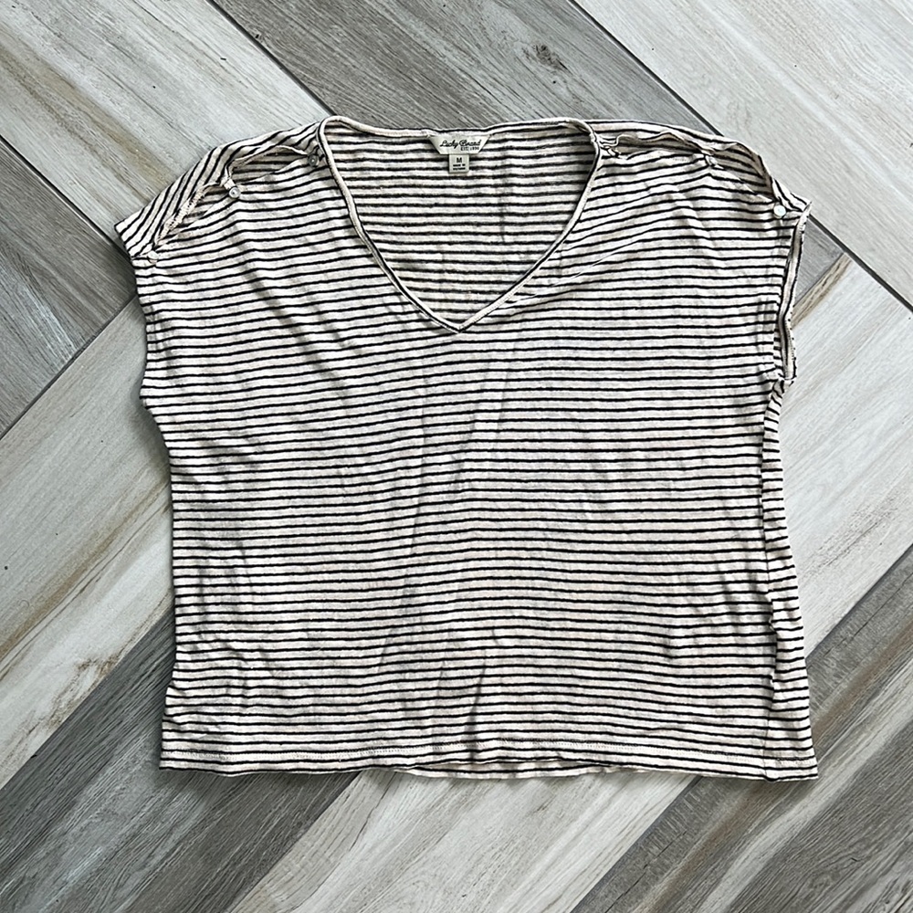 Lucky Brand M Open Shoulder Button Striped Short Sleeve Shirt